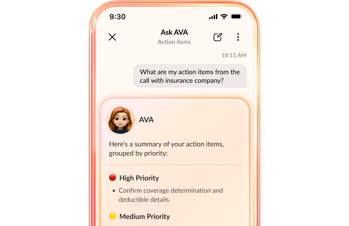 screenshot of AI Virtual Assistant btwn claims adjuster and policyholder (real-time insights)