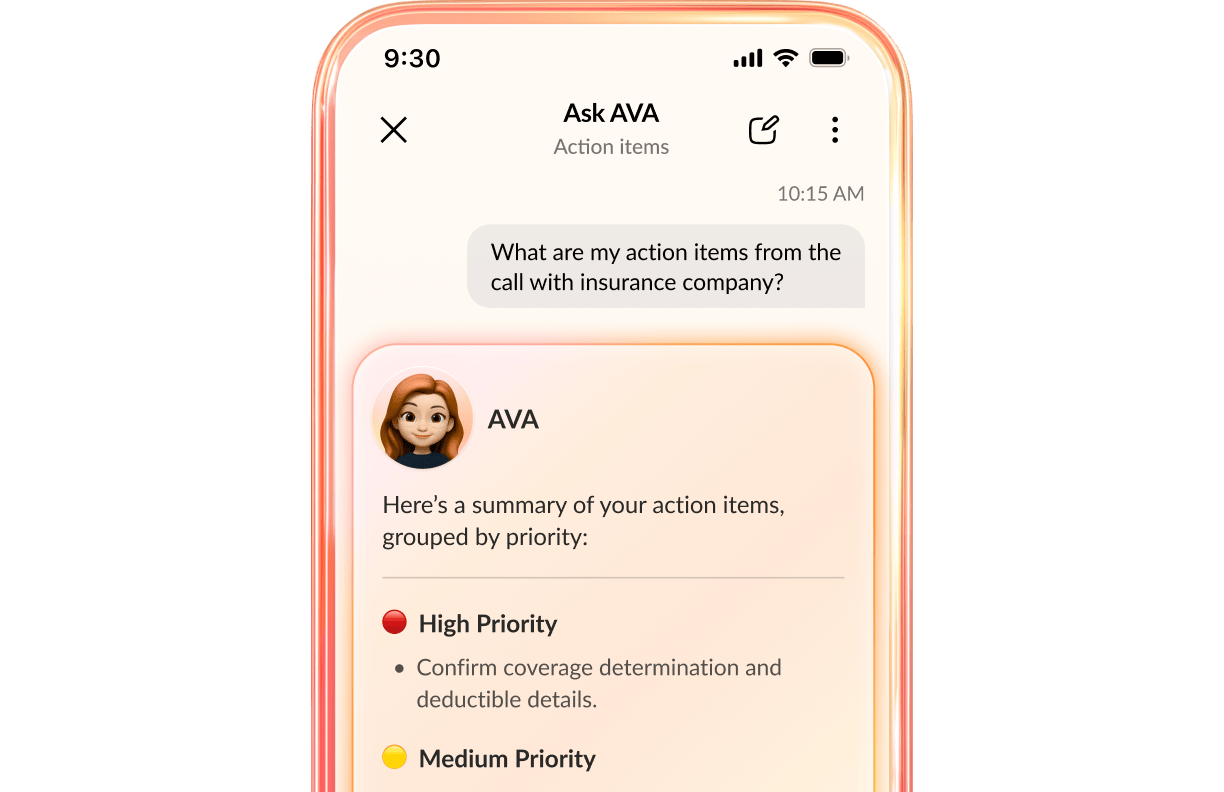 screenshot of AI Virtual Assistant btwn claims adjuster and policyholder (real-time insights)