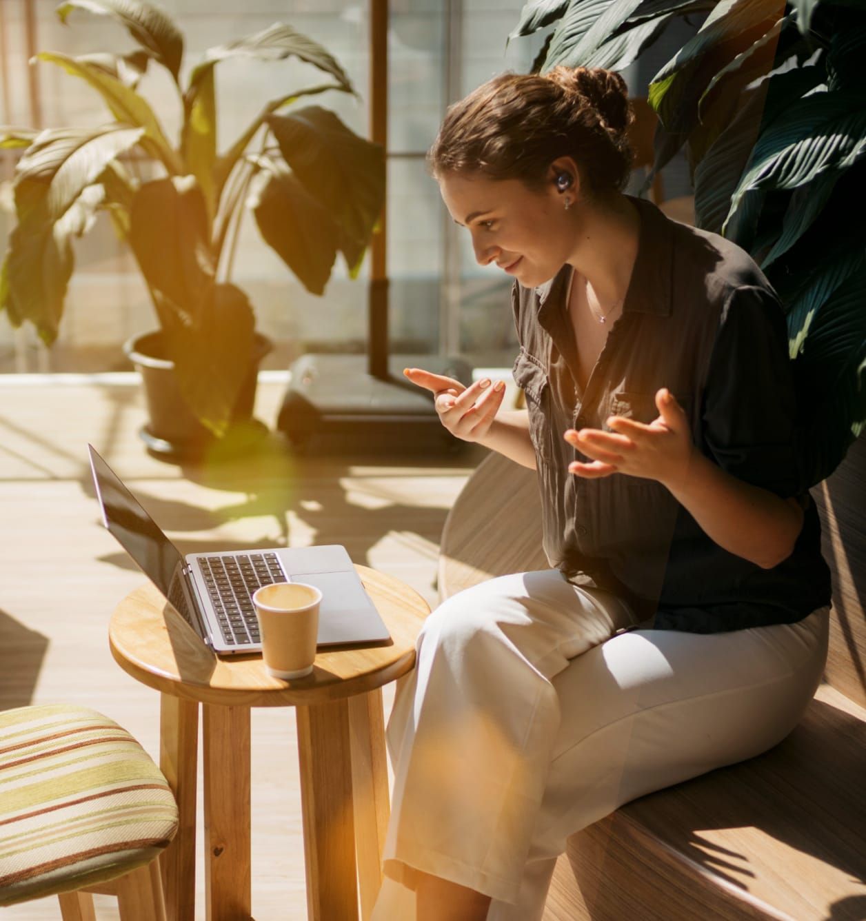 A woman speaking on a video call