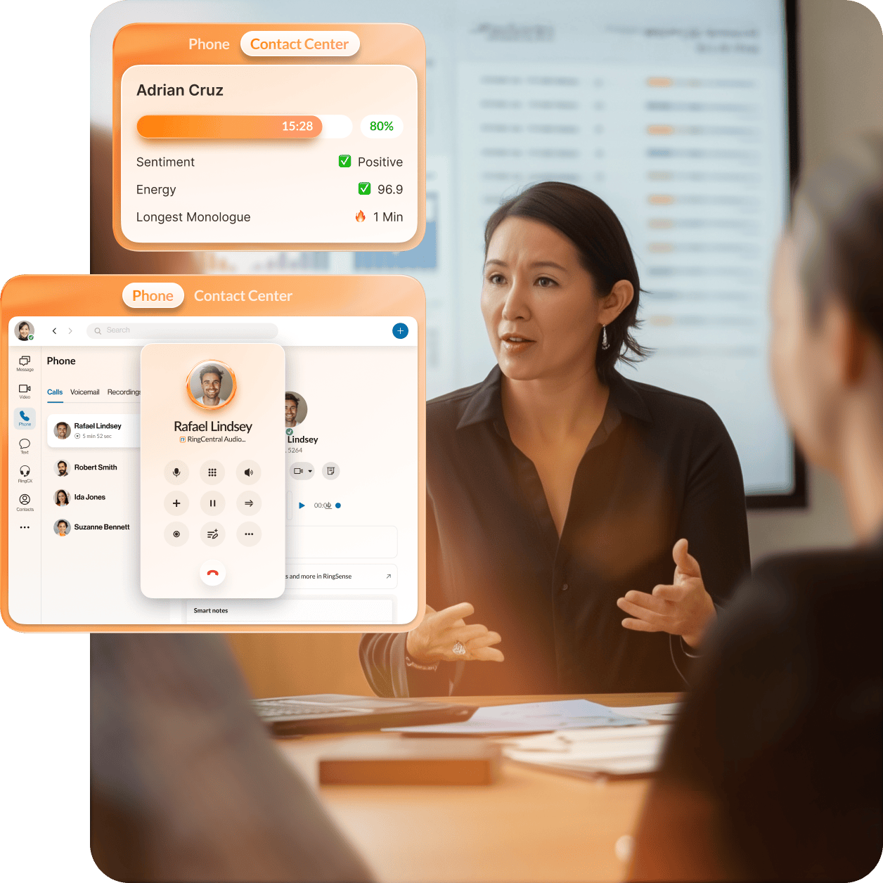 A female customer using her laptop, with an inset displaying RingCentral’s Message AI Writer change tone feature.