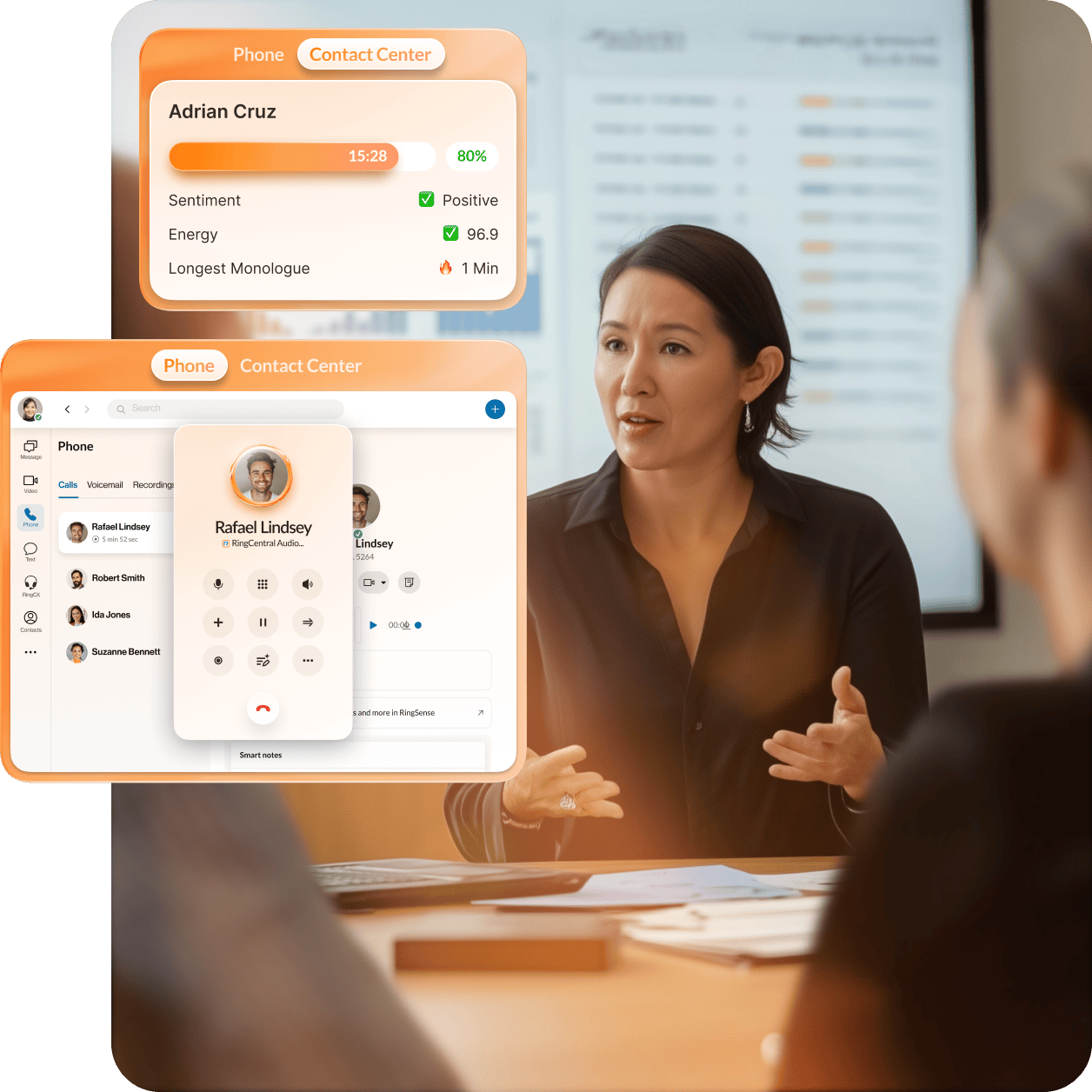 A female customer using her laptop, with an inset displaying RingCentral’s Message AI Writer change tone feature.
