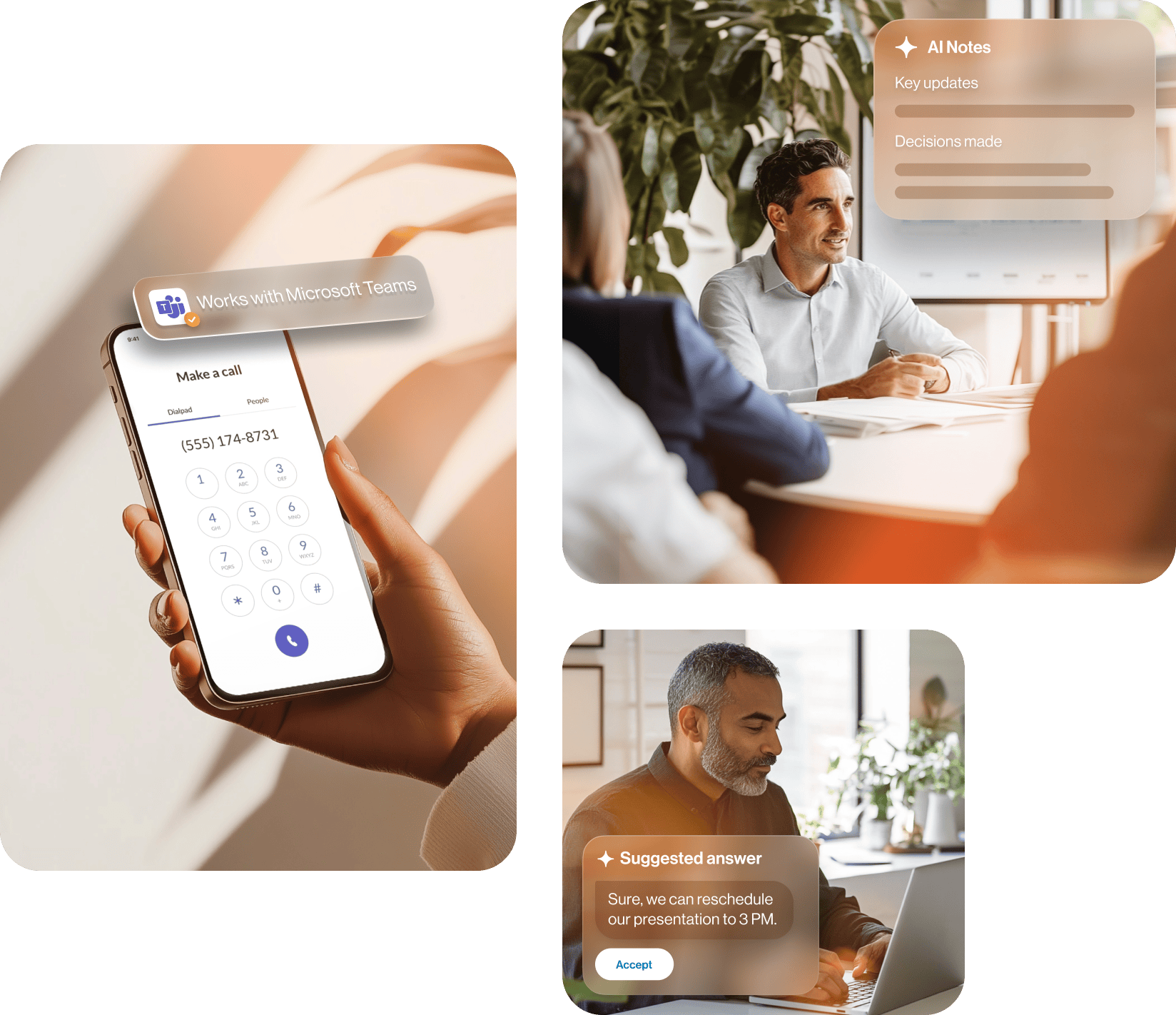 Group of images: Person holding mobile phone viewing company site location and phone extensions; Co-workers in front of laptop looking at AI Notes; A man working on laptop using AI suggested answer feature