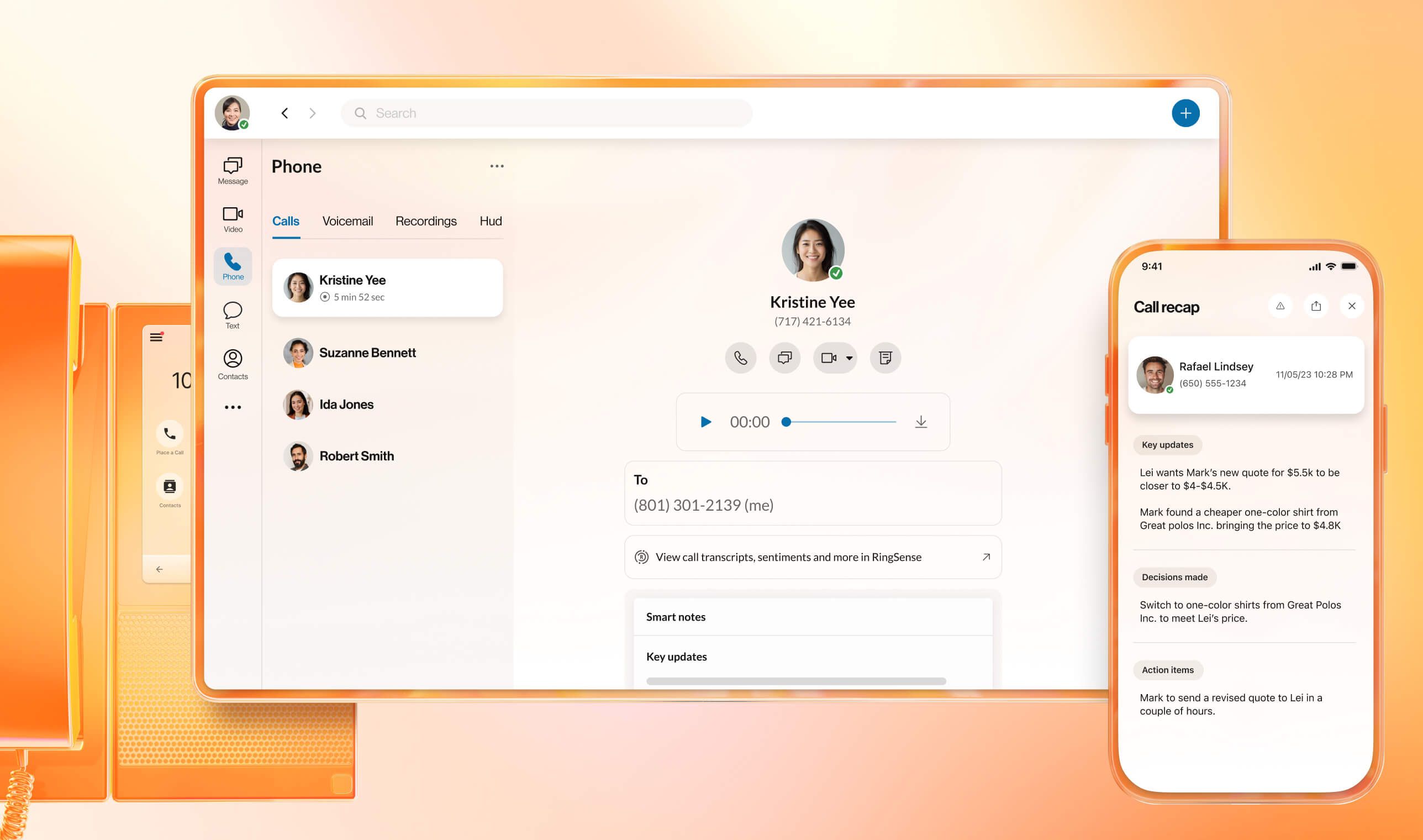 An image showing the Call Recap feature on the RingCentral app, displayed on mobile and laptop