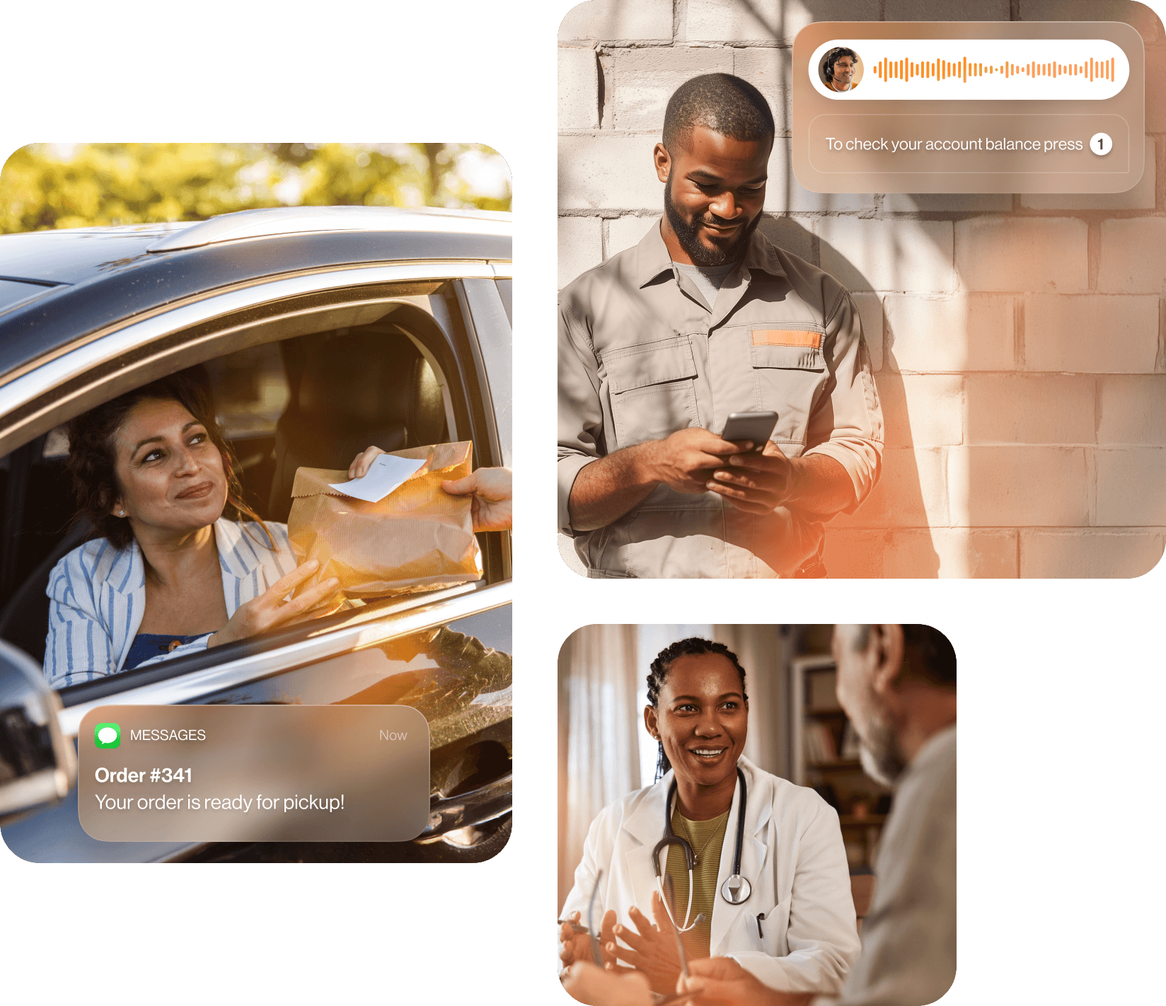 A woman receiving a text message about the status of her order; a woman using her laptop to chat with customer support; a female doctor talking to a patient