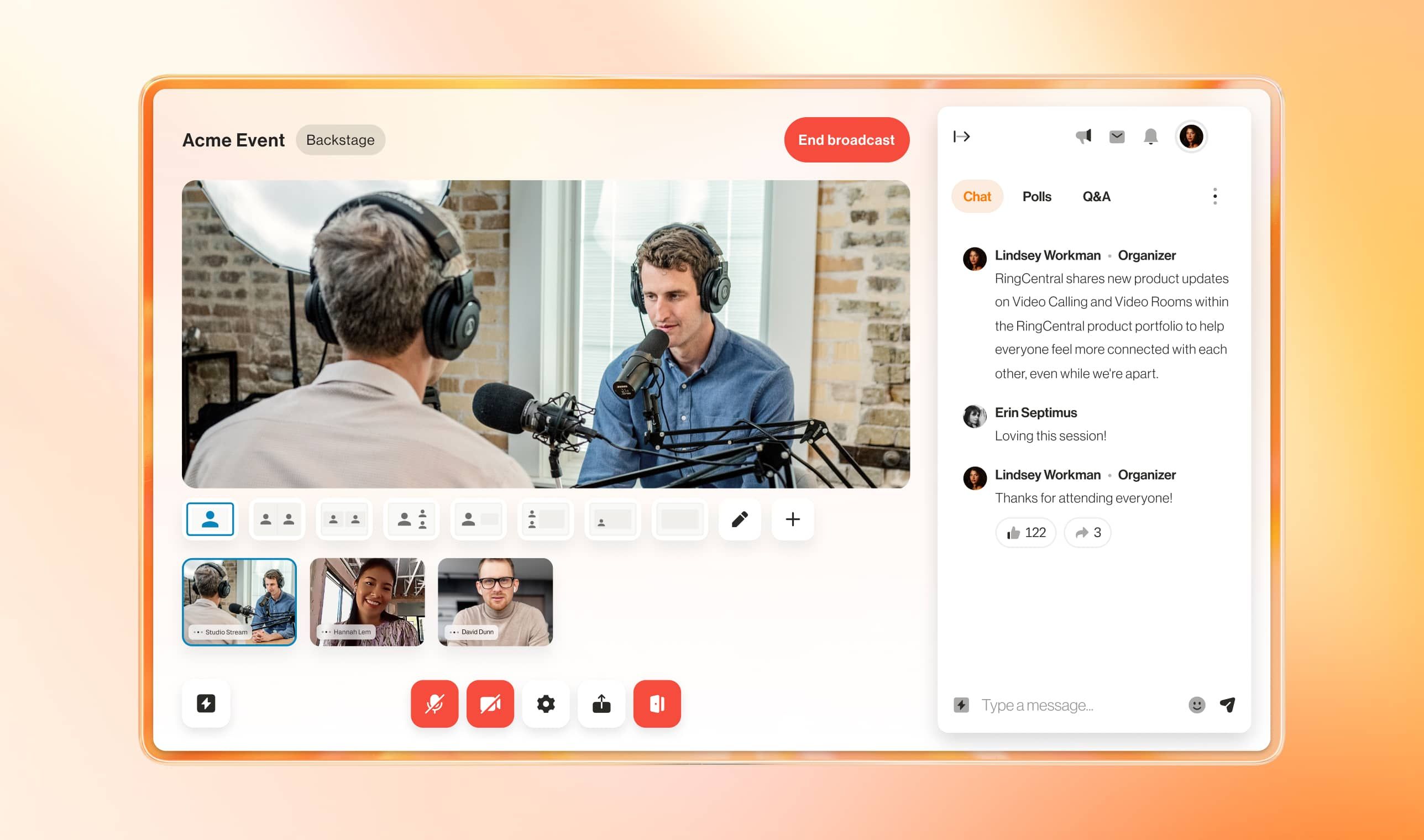 An image showing the backstage of an online event hosted on RingCentral Events platform