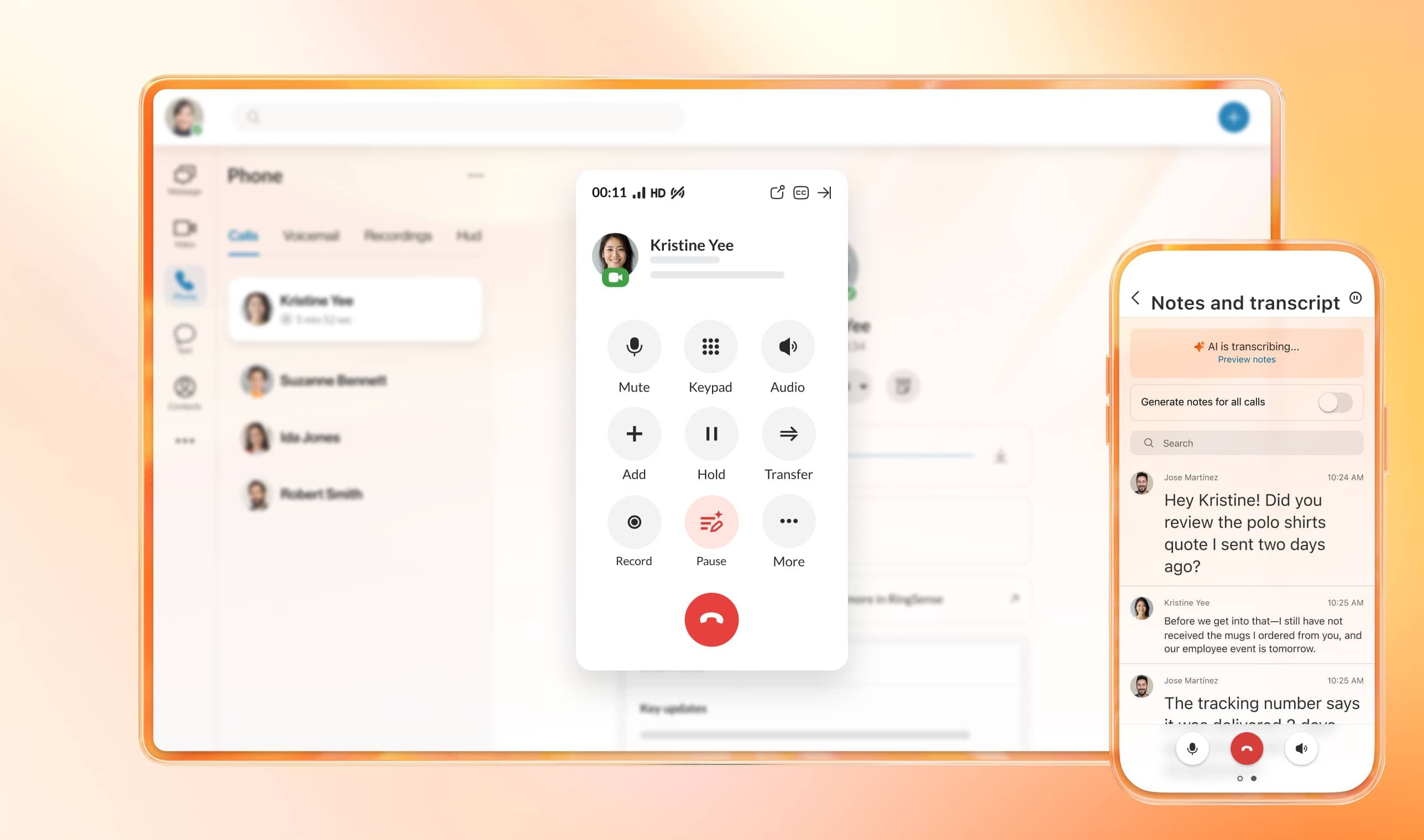 Real-time notes and transcript during an ongoing RingCentral phone call